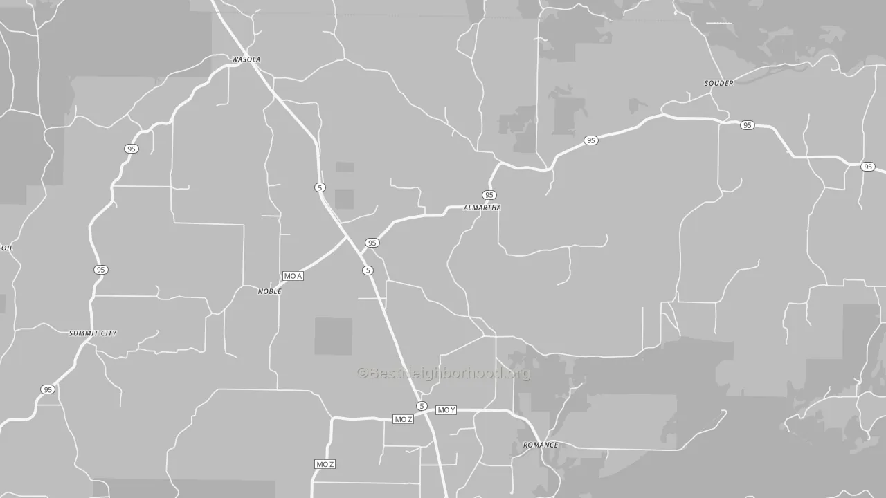 Walk Grade map of 65773, MO, walkable areas in green and car-dependent areas in red