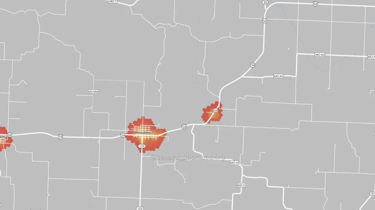 Walk Grade map of 65774, MO, walkable areas in green and car-dependent areas in red