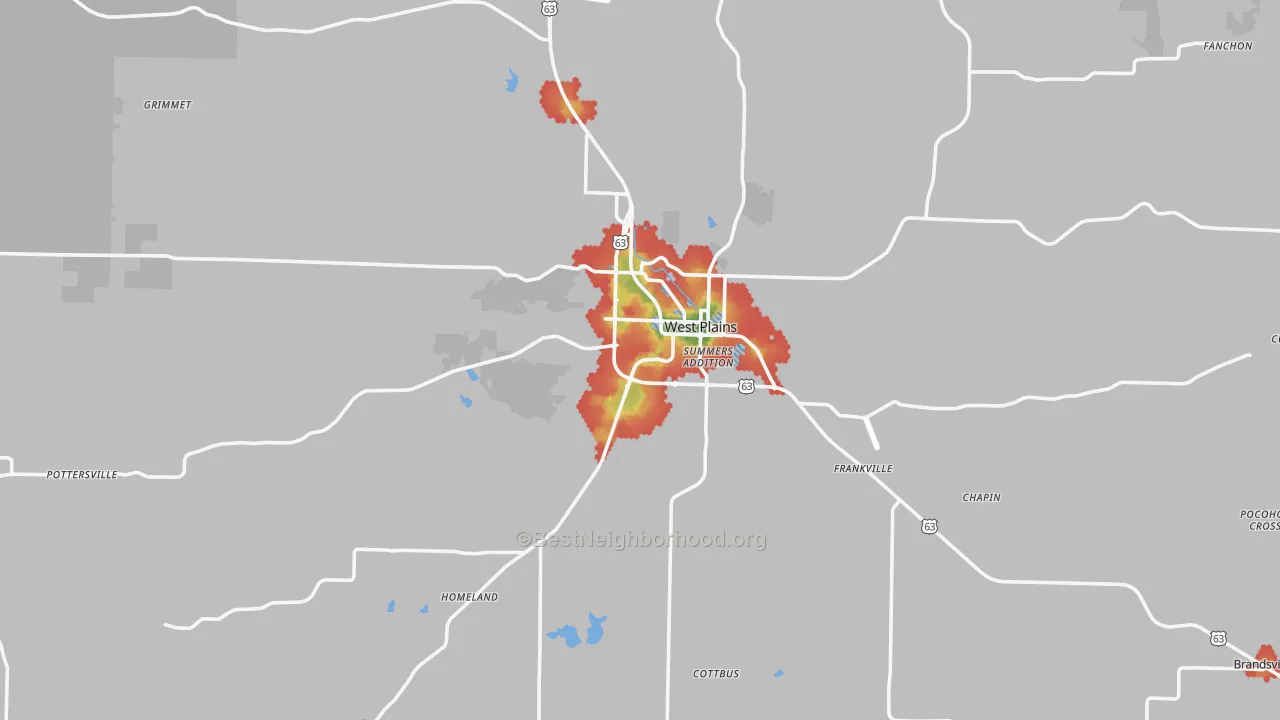 Walk Grade map of 65775, MO, walkable areas in green and car-dependent areas in red