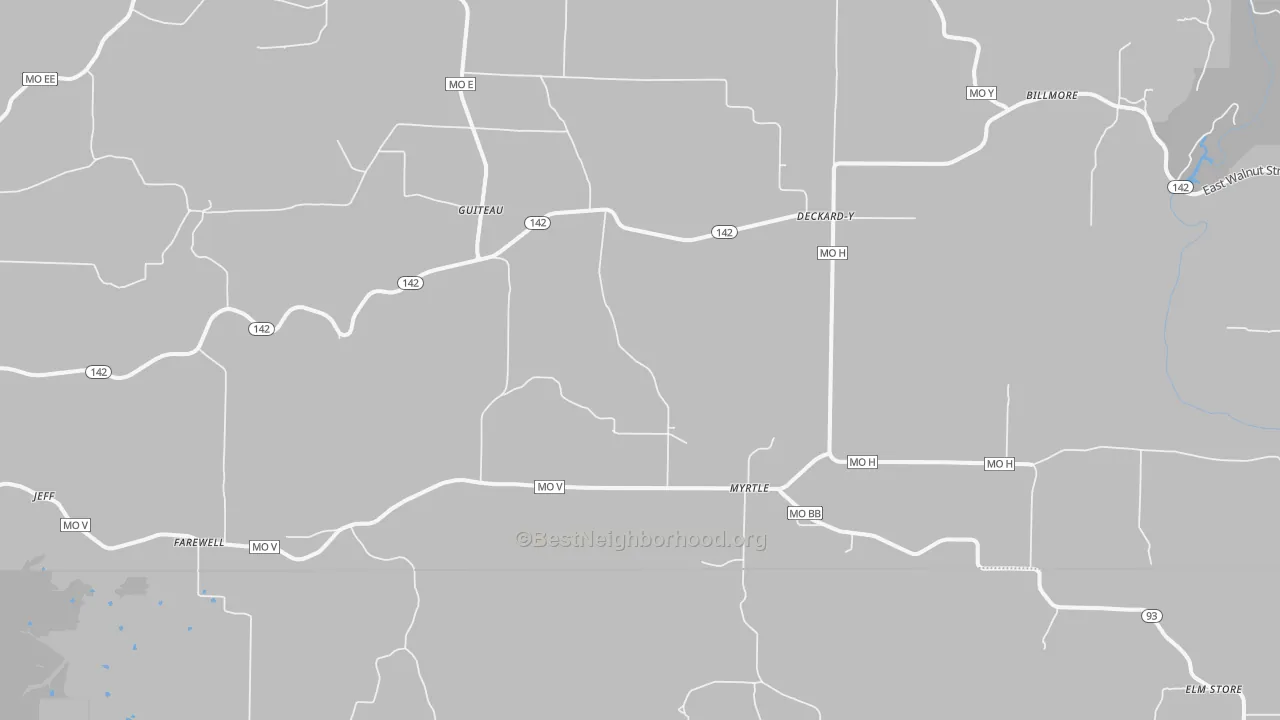 Walk Grade map of 65778, MO, walkable areas in green and car-dependent areas in red
