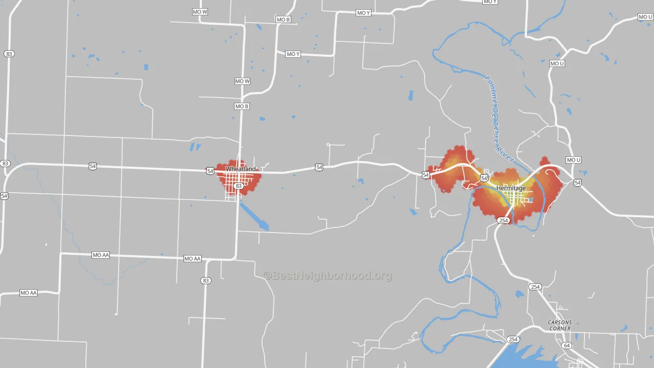Walk Grade map of 65779, MO, walkable areas in green and car-dependent areas in red