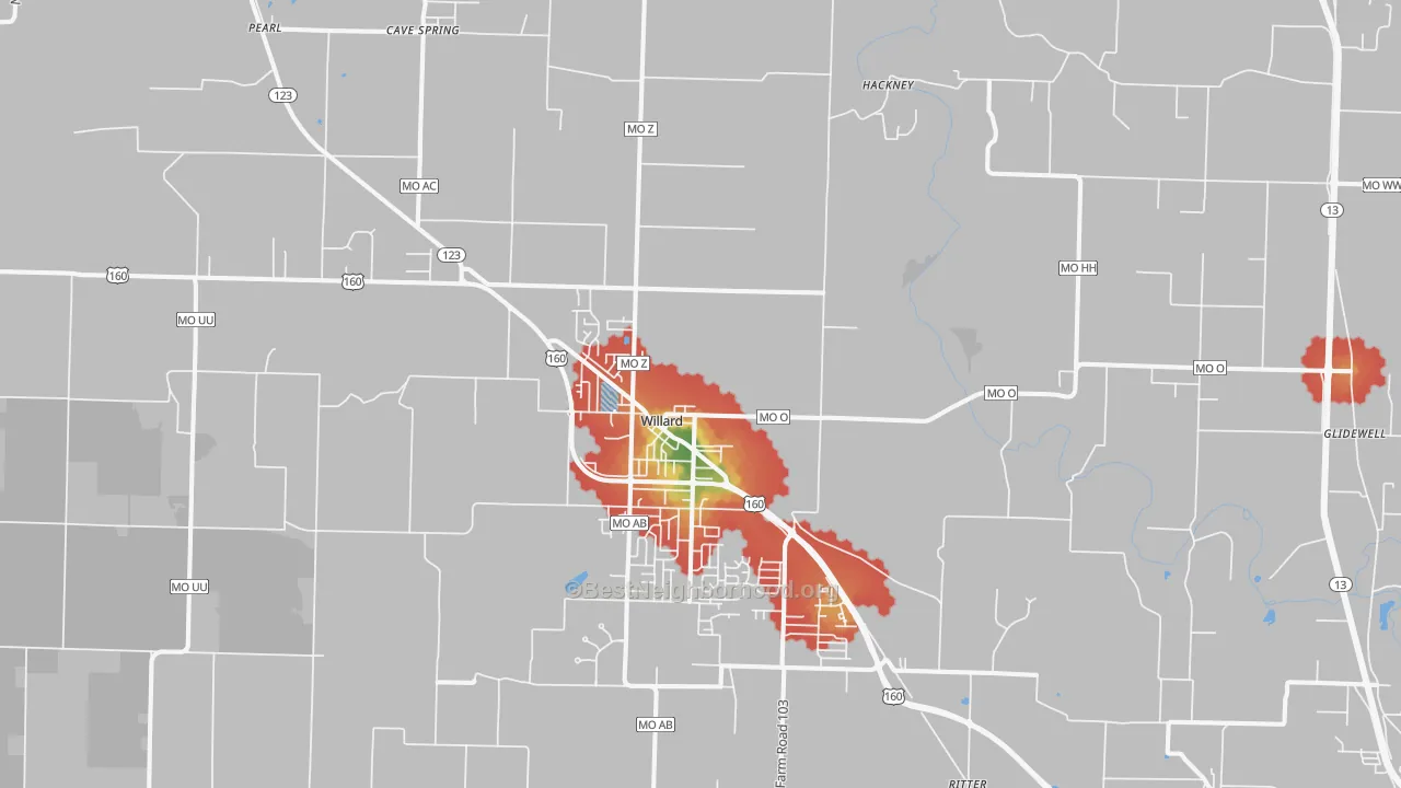Walk Grade map of 65781, MO, walkable areas in green and car-dependent areas in red