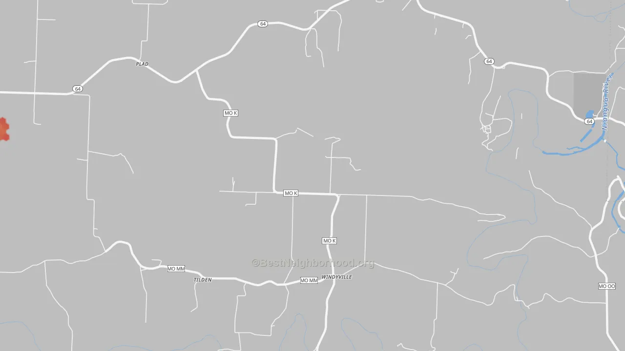 Walk Grade map of 65783, MO, walkable areas in green and car-dependent areas in red