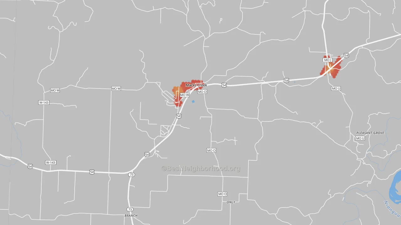 Walk Grade map of 65786, MO, walkable areas in green and car-dependent areas in red