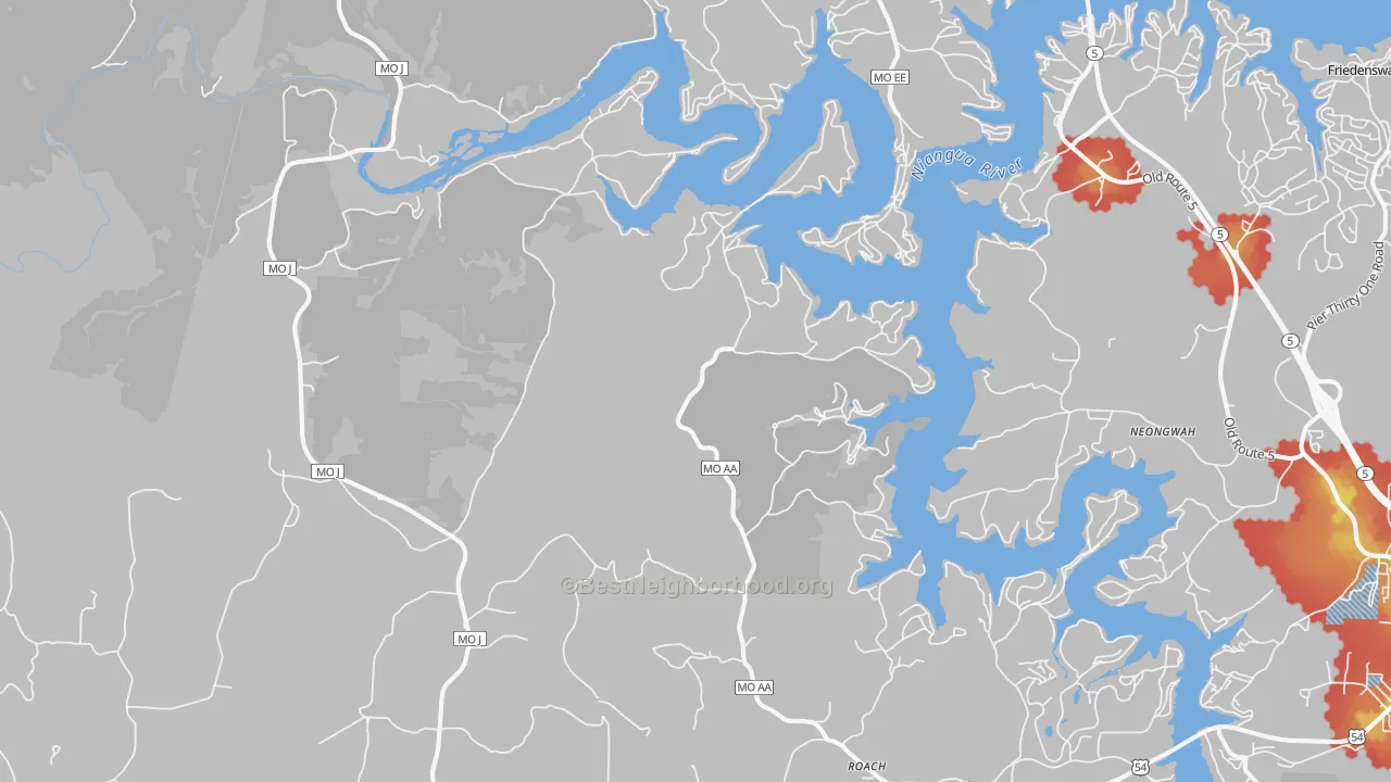 Walk Grade map of 65787, MO, walkable areas in green and car-dependent areas in red