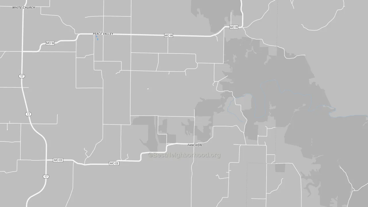 Walk Grade map of 65788, MO, walkable areas in green and car-dependent areas in red