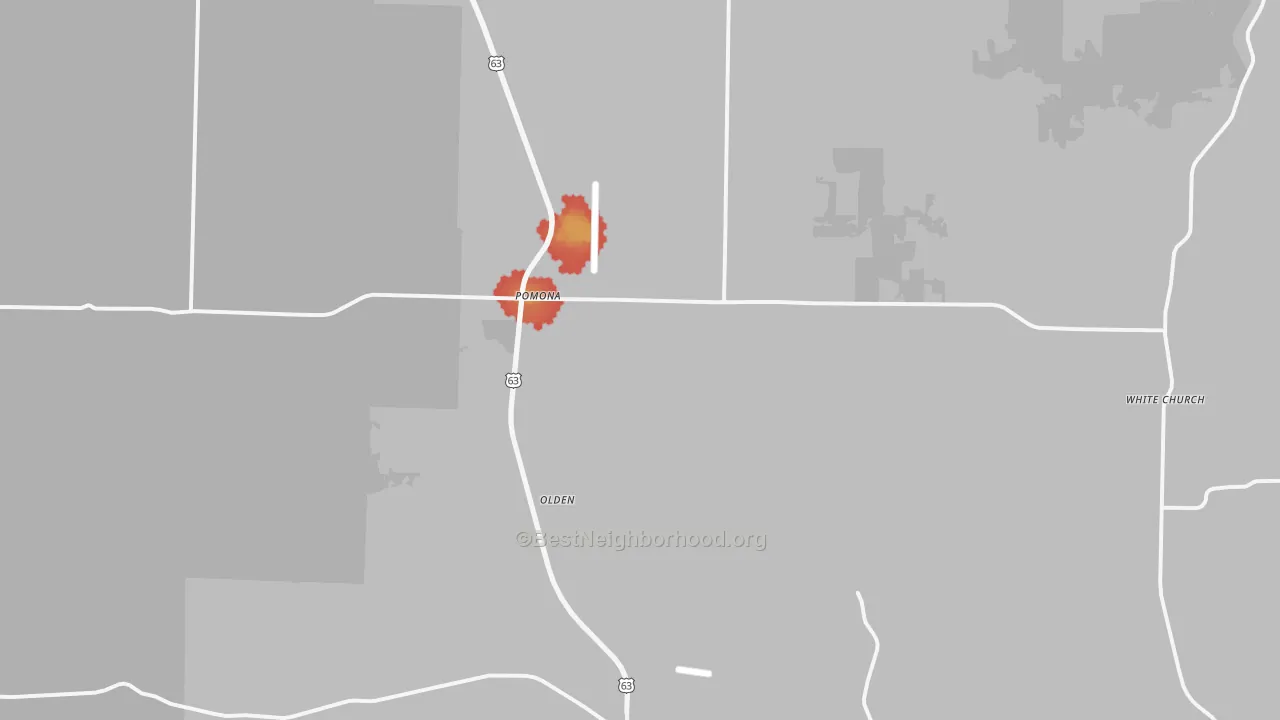 Walk Grade map of 65789, MO, walkable areas in green and car-dependent areas in red
