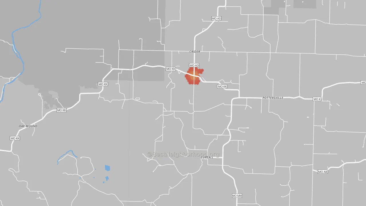 Walk Grade map of 65790, MO, walkable areas in green and car-dependent areas in red