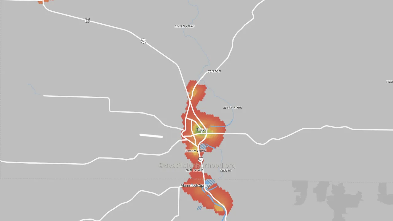 Walk Grade map of 65791, MO, walkable areas in green and car-dependent areas in red
