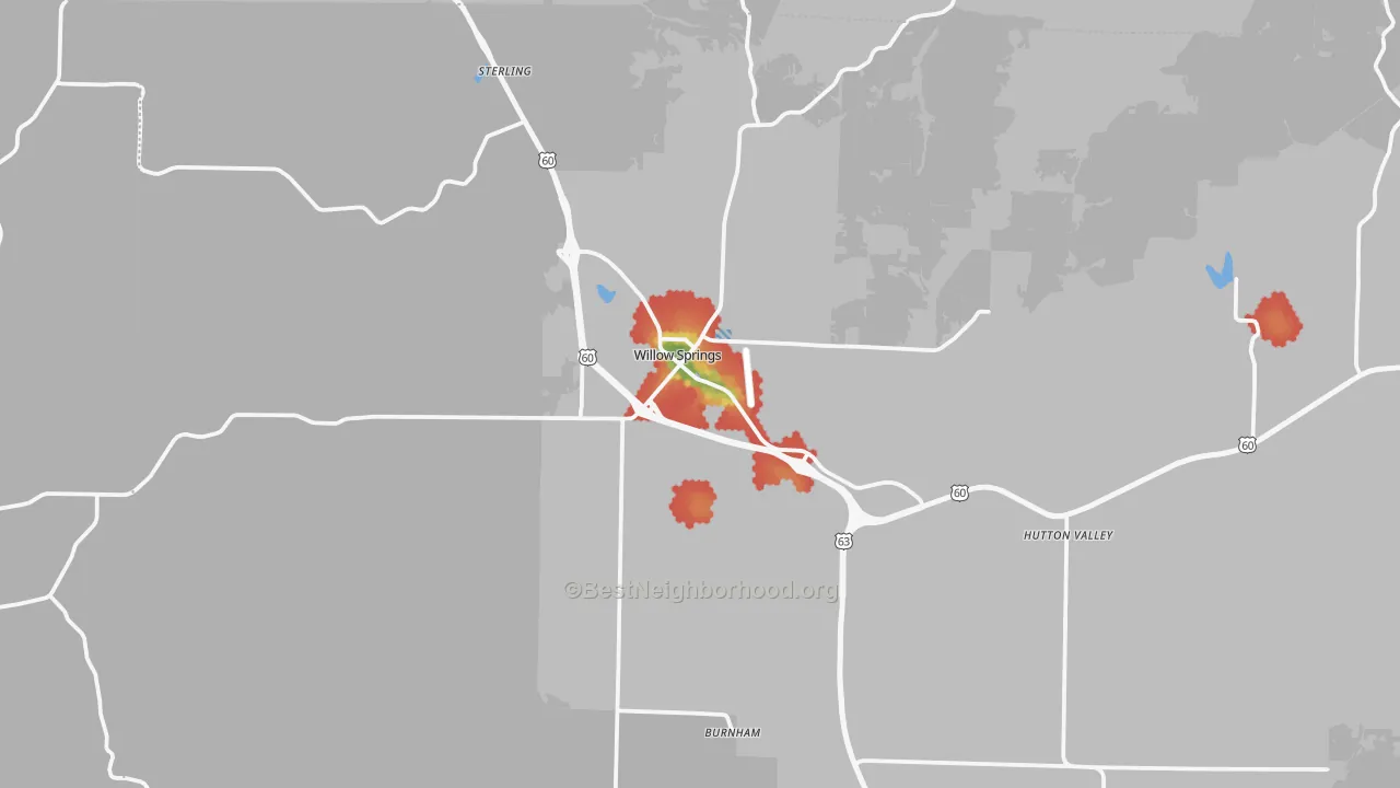 Walk Grade map of 65793, MO, walkable areas in green and car-dependent areas in red