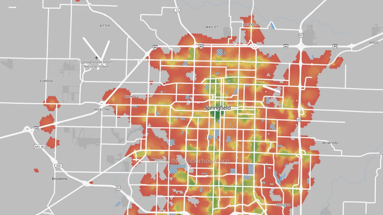 Walk Grade map of 65802, MO, walkable areas in green and car-dependent areas in red