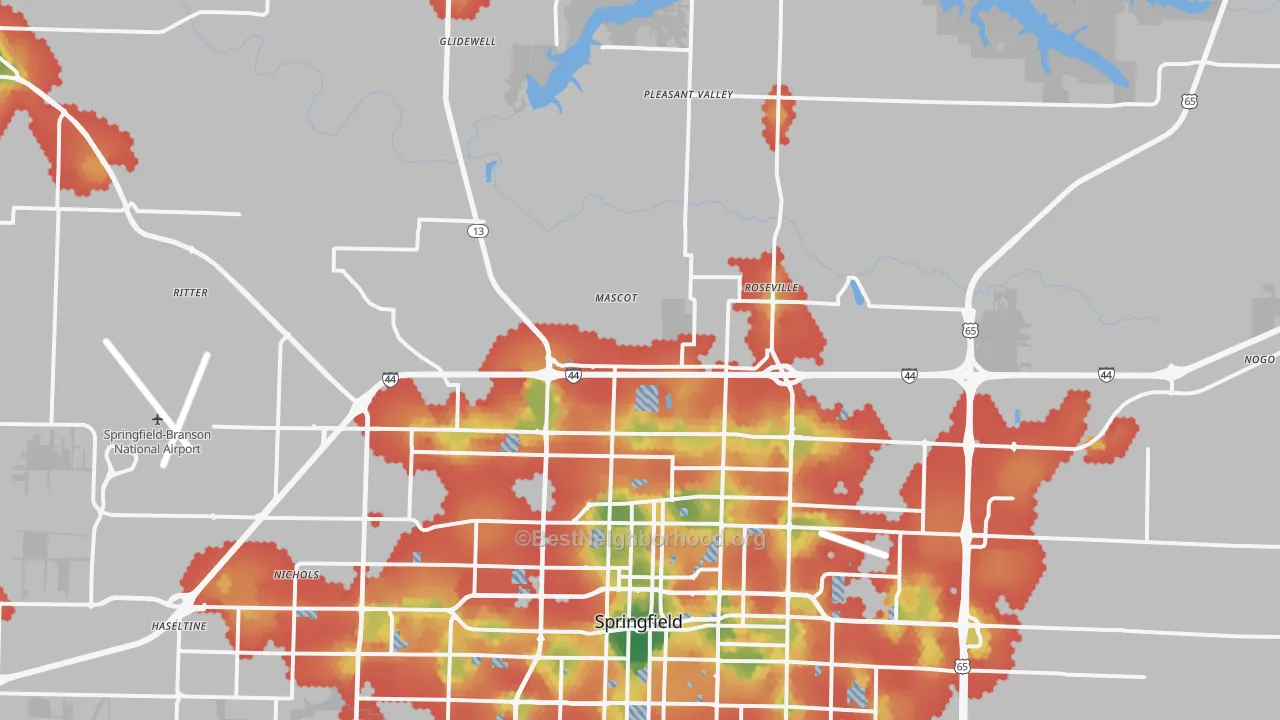 Walk Grade map of 65803, MO, walkable areas in green and car-dependent areas in red