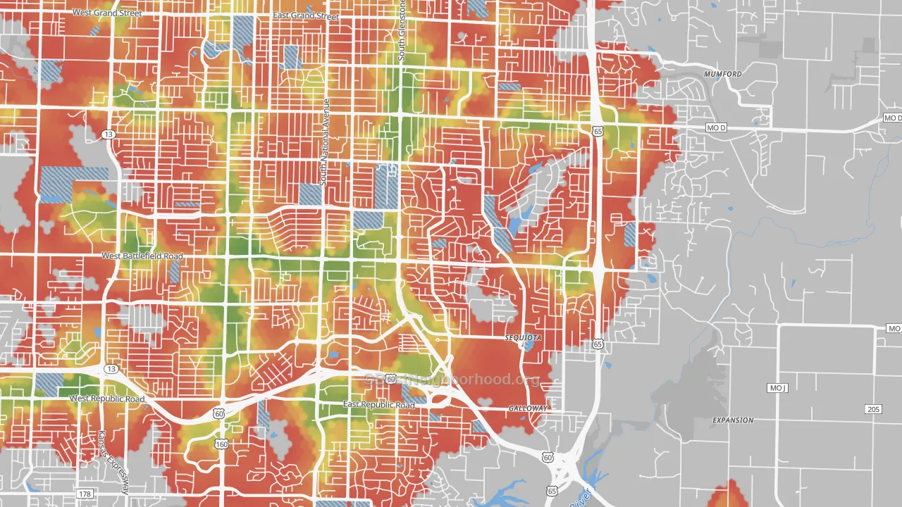 Walk Grade map of 65804, MO, walkable areas in green and car-dependent areas in red