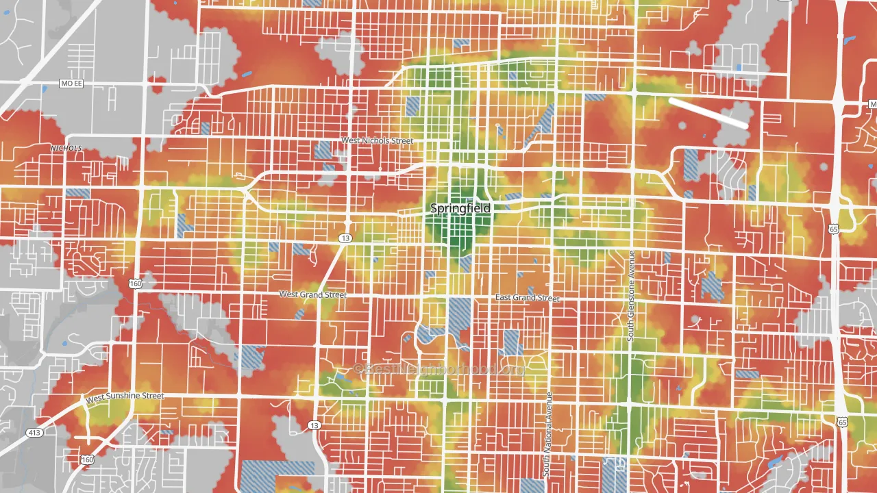 Walk Grade map of 65806, MO, walkable areas in green and car-dependent areas in red