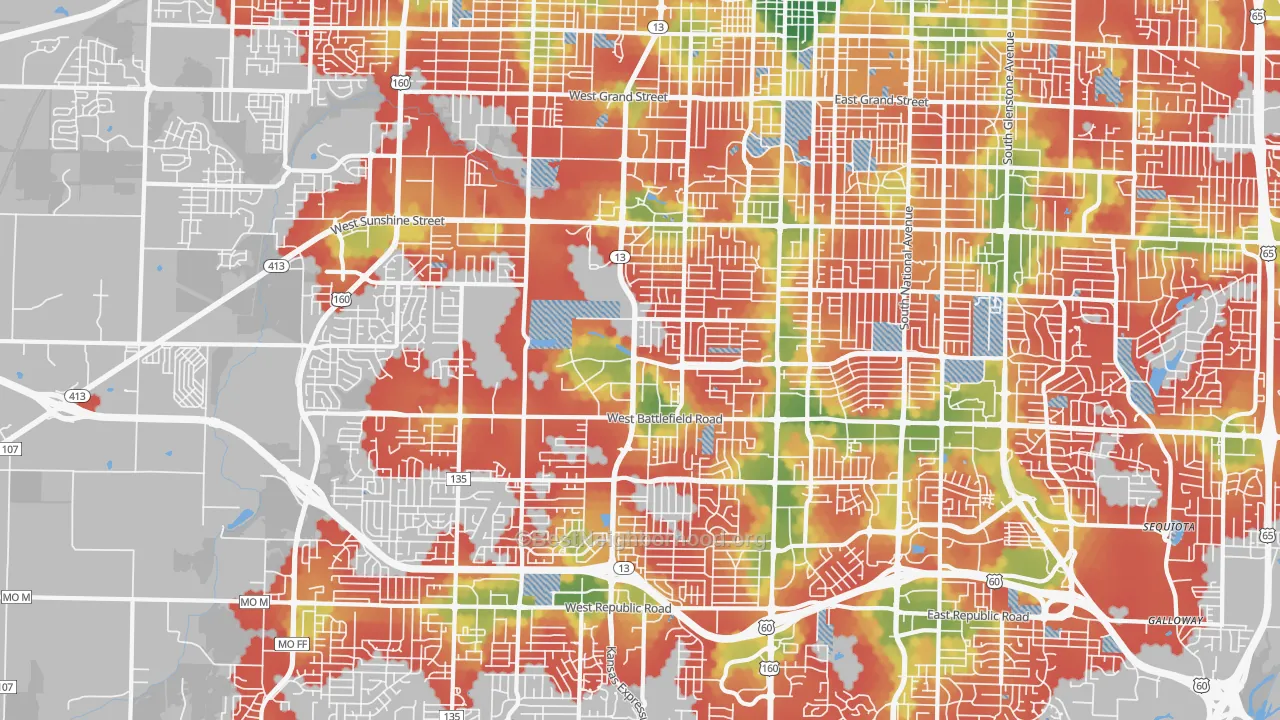 Walk Grade map of 65807, MO, walkable areas in green and car-dependent areas in red