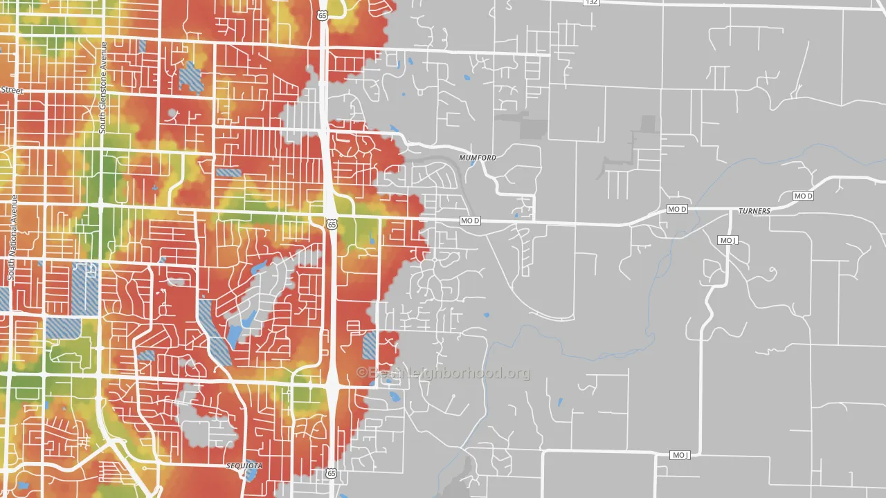 Walk Grade map of 65809, MO, walkable areas in green and car-dependent areas in red