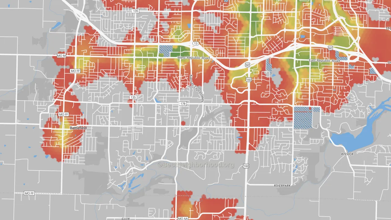 Walk Grade map of 65810, MO, walkable areas in green and car-dependent areas in red