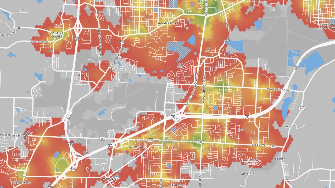 Walk Grade map of 65th Street West, Little Rock, AR, walkable areas in green and car-dependent areas in red
