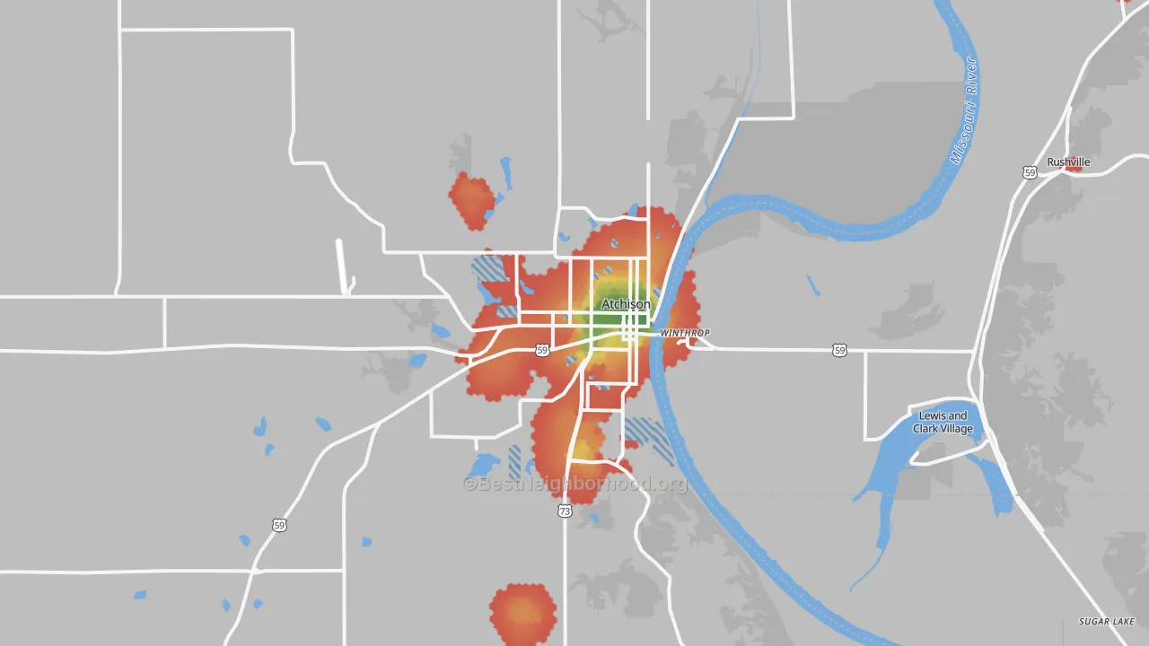 Walk Grade map of 66002, KS, walkable areas in green and car-dependent areas in red