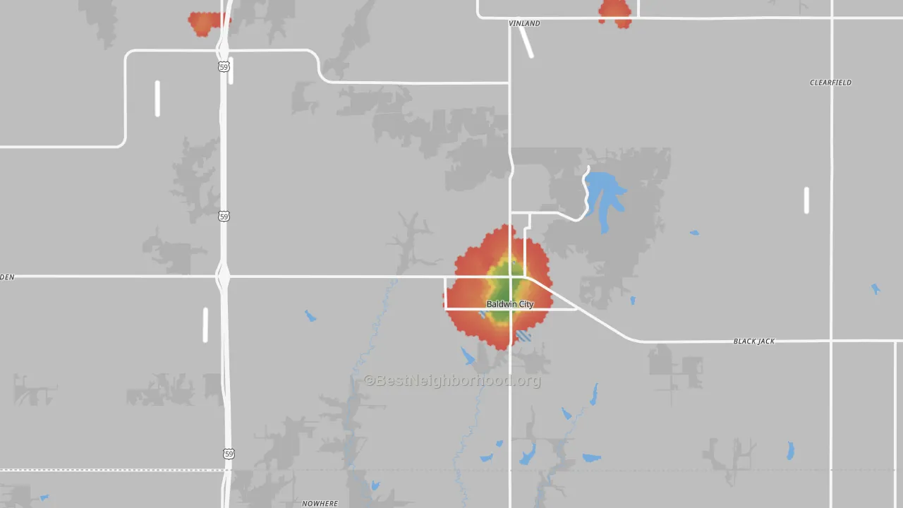 Walk Grade map of 66006, KS, walkable areas in green and car-dependent areas in red