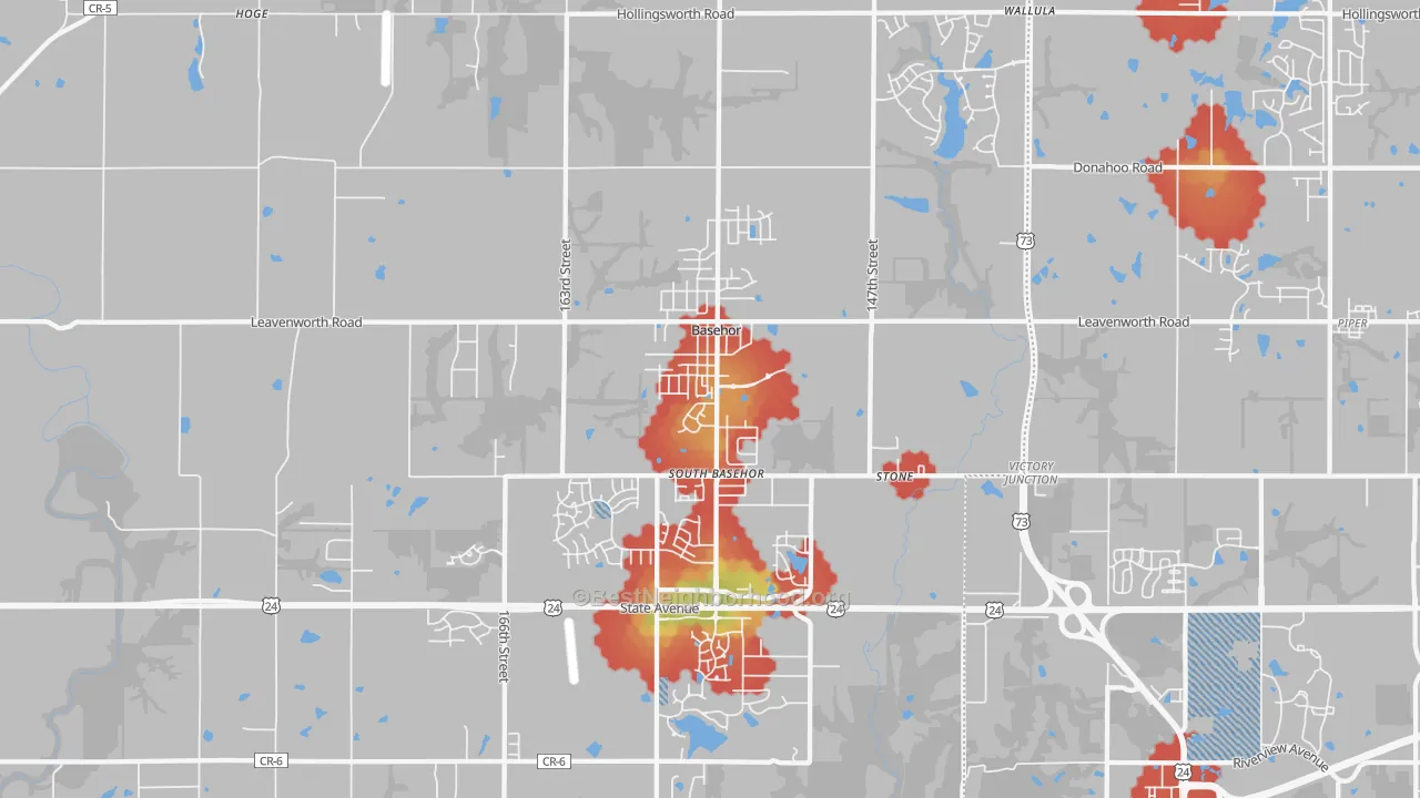 Walk Grade map of 66007, KS, walkable areas in green and car-dependent areas in red