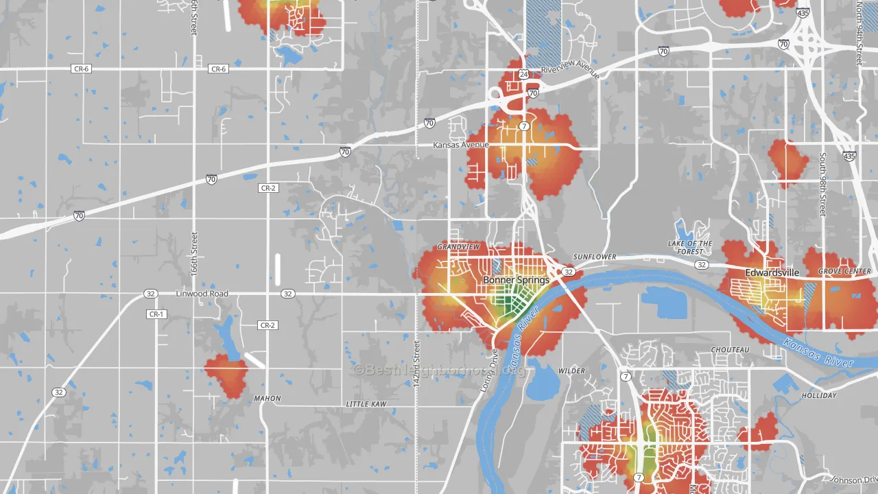 Walk Grade map of 66012, KS, walkable areas in green and car-dependent areas in red