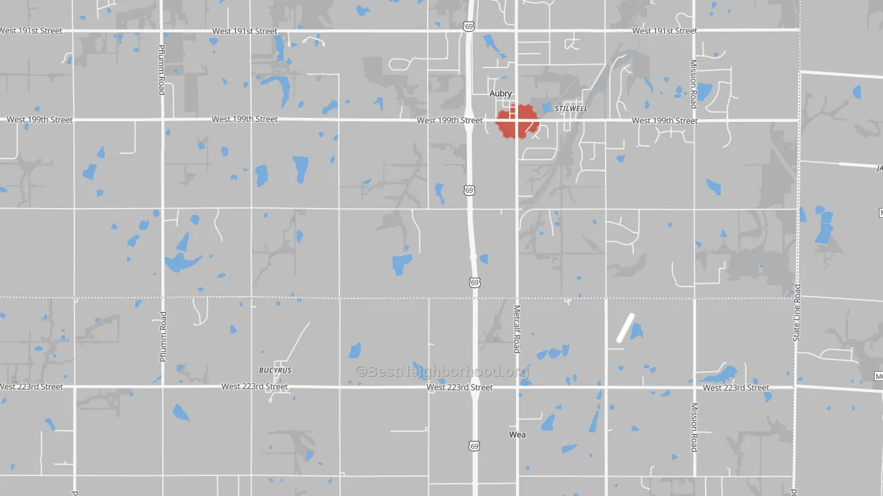 Walk Grade map of 66013, KS, walkable areas in green and car-dependent areas in red
