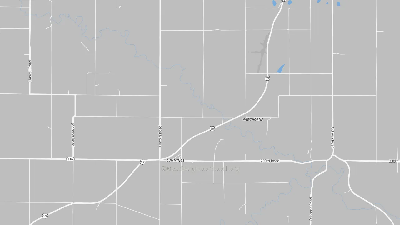 Walk Grade map of 66016, KS, walkable areas in green and car-dependent areas in red