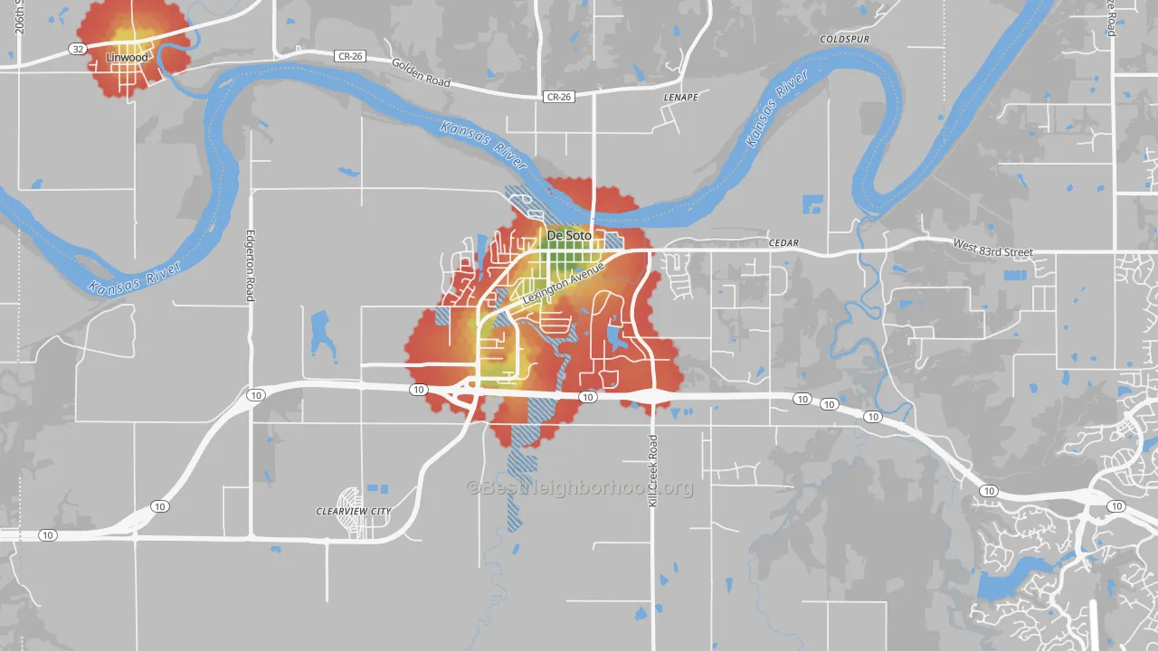 Walk Grade map of 66018, KS, walkable areas in green and car-dependent areas in red