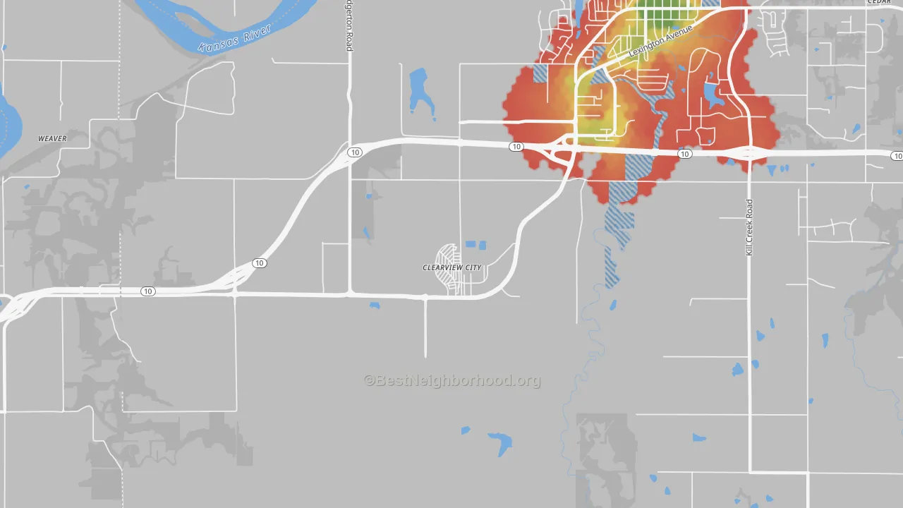 Walk Grade map of 66019, KS, walkable areas in green and car-dependent areas in red