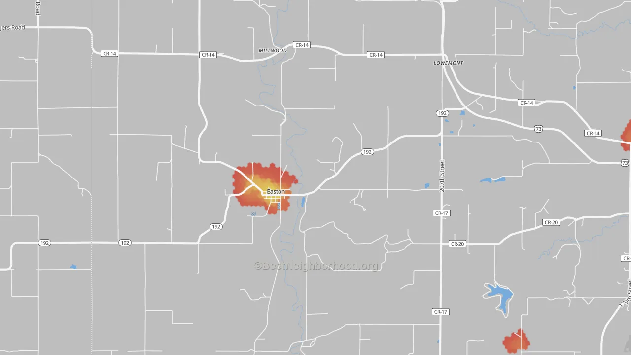 Walk Grade map of 66020, KS, walkable areas in green and car-dependent areas in red