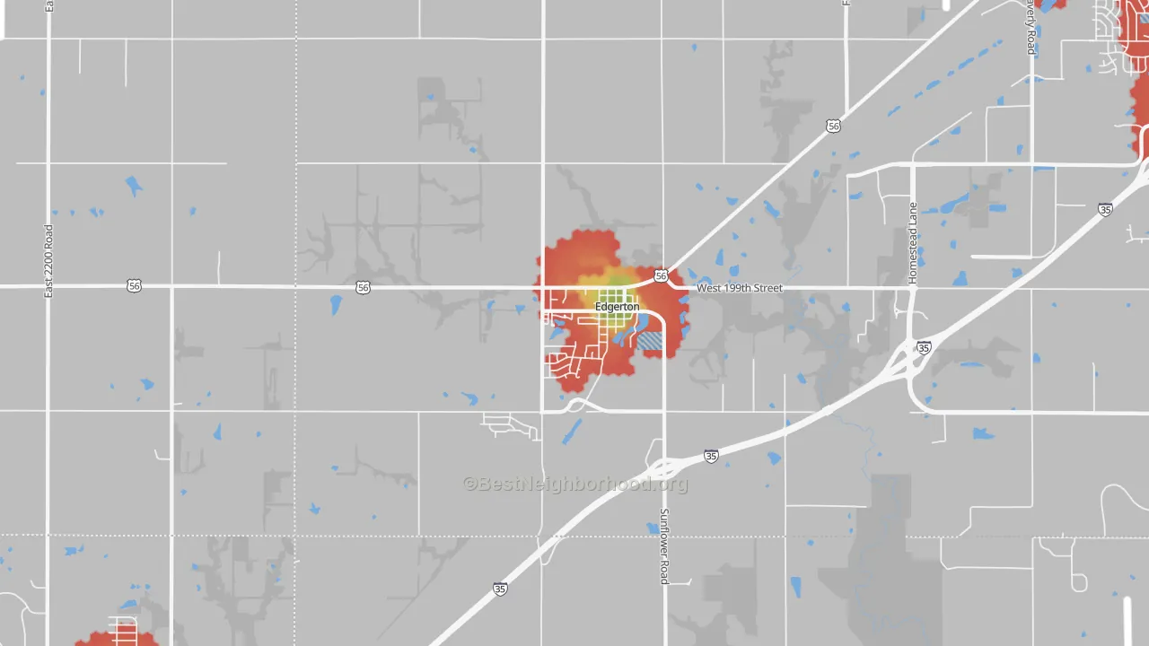 Walk Grade map of 66021, KS, walkable areas in green and car-dependent areas in red