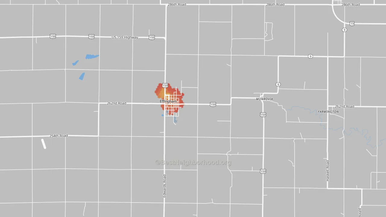 Walk Grade map of 66023, KS, walkable areas in green and car-dependent areas in red