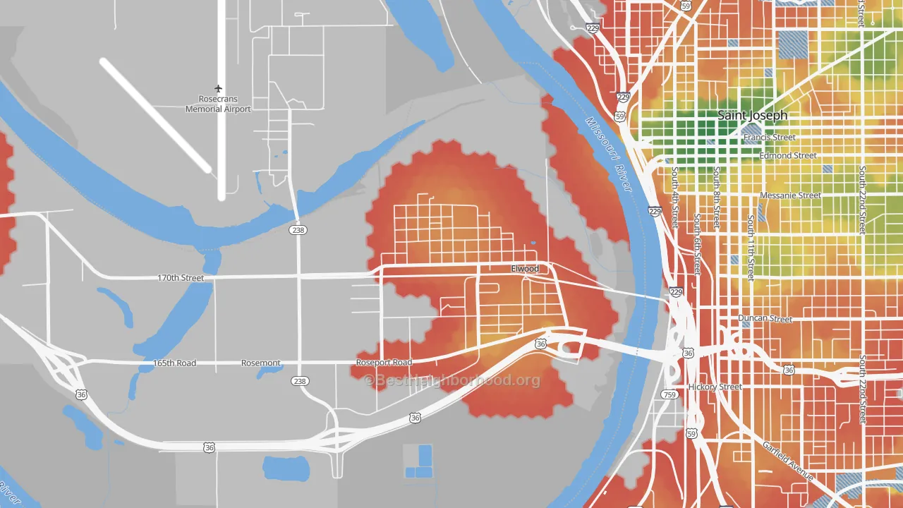 Walk Grade map of 66024, KS, walkable areas in green and car-dependent areas in red