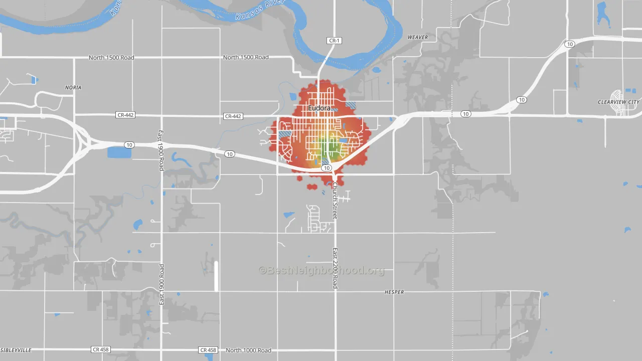 Walk Grade map of 66025, KS, walkable areas in green and car-dependent areas in red