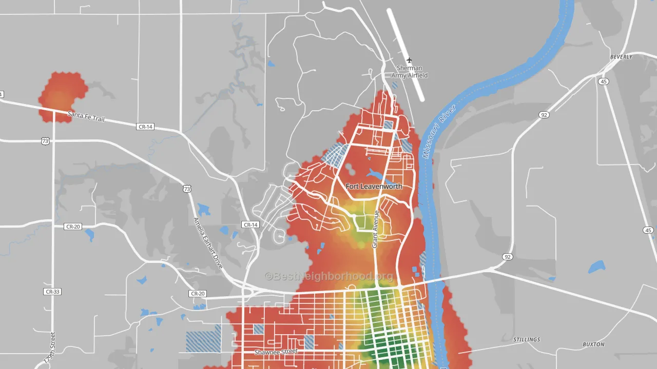 Walk Grade map of 66027, KS, walkable areas in green and car-dependent areas in red