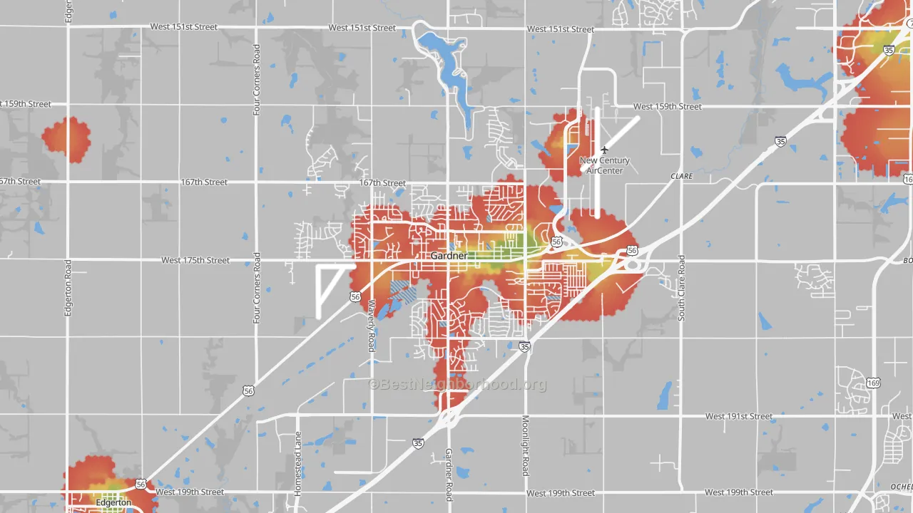 Walk Grade map of 66030, KS, walkable areas in green and car-dependent areas in red