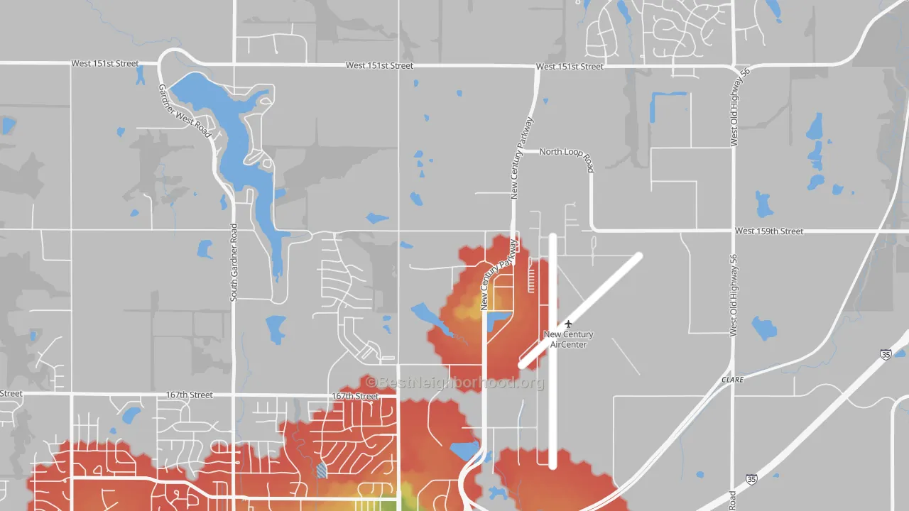 Walk Grade map of 66031, KS, walkable areas in green and car-dependent areas in red