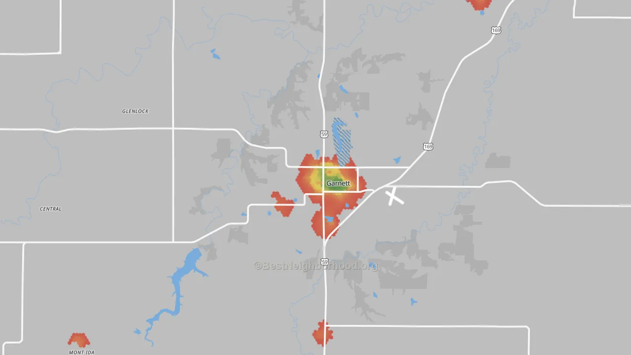 Walk Grade map of 66032, KS, walkable areas in green and car-dependent areas in red