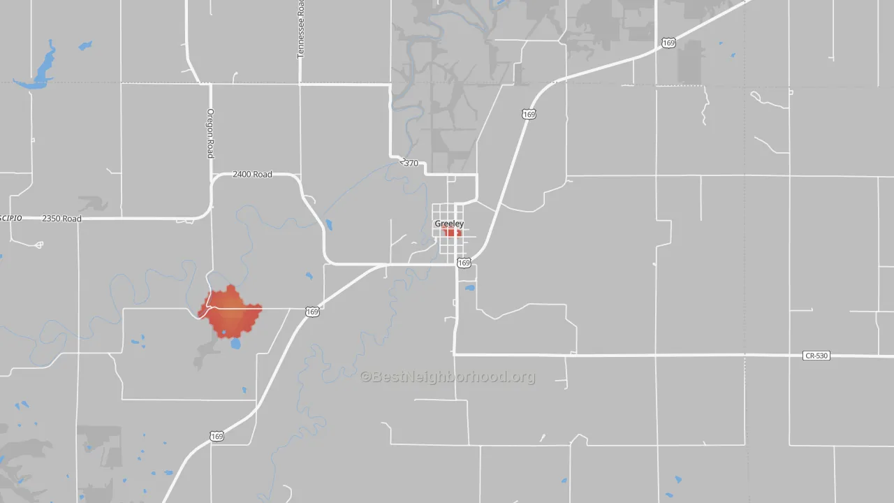 Walk Grade map of 66033, KS, walkable areas in green and car-dependent areas in red