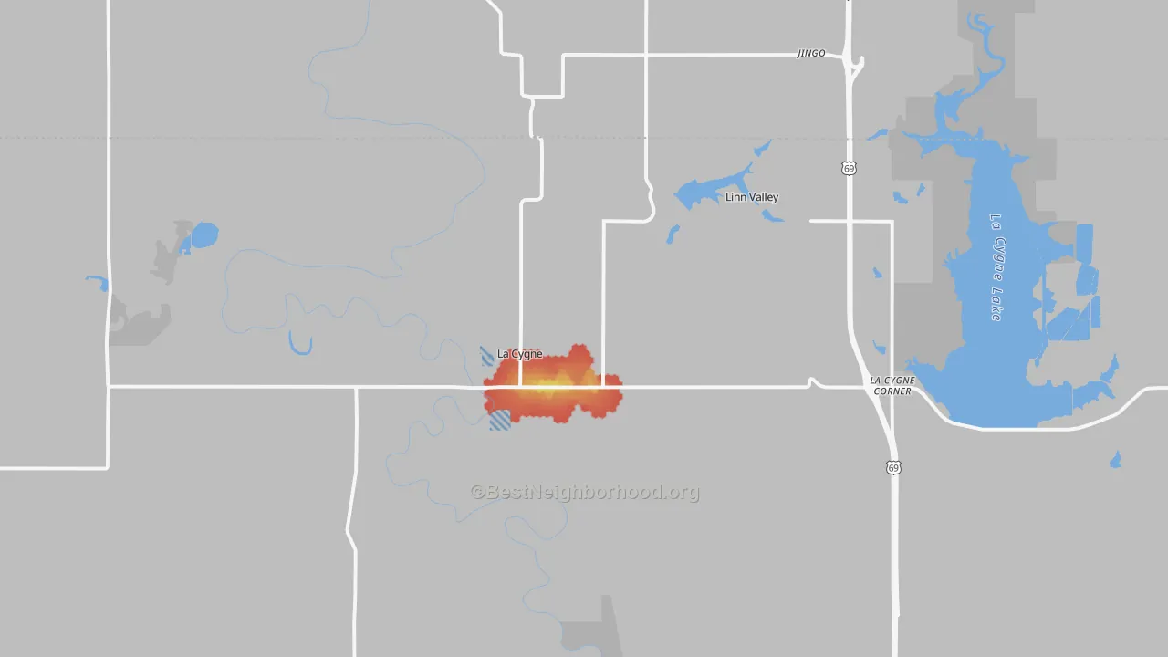 Walk Grade map of 66040, KS, walkable areas in green and car-dependent areas in red