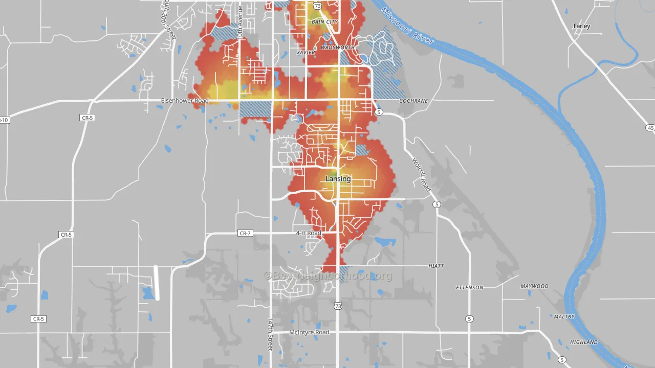 Walk Grade map of 66043, KS, walkable areas in green and car-dependent areas in red