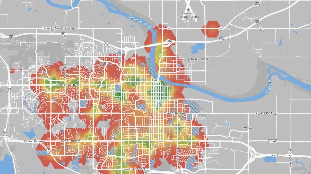 Walk Grade map of 66044, KS, walkable areas in green and car-dependent areas in red