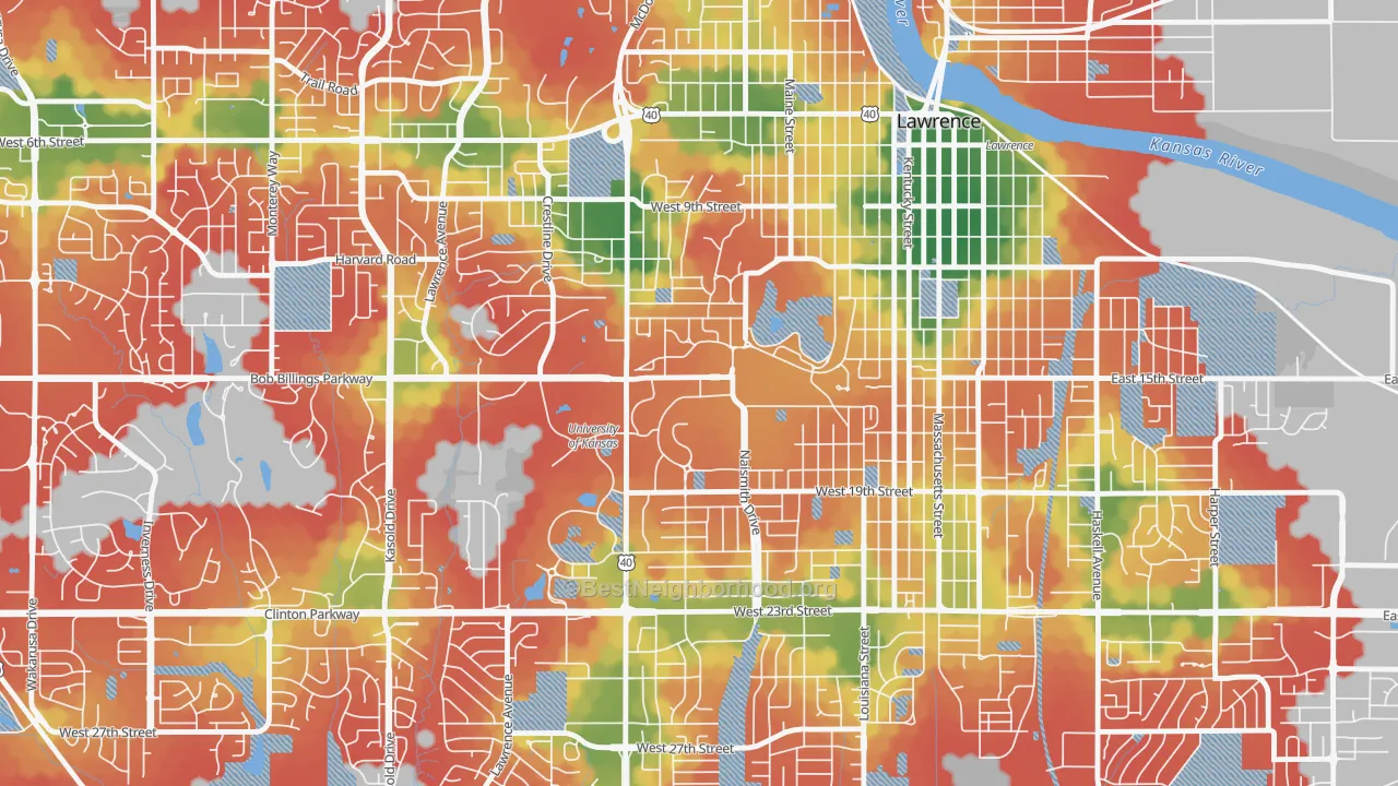 Walk Grade map of 66045, KS, walkable areas in green and car-dependent areas in red