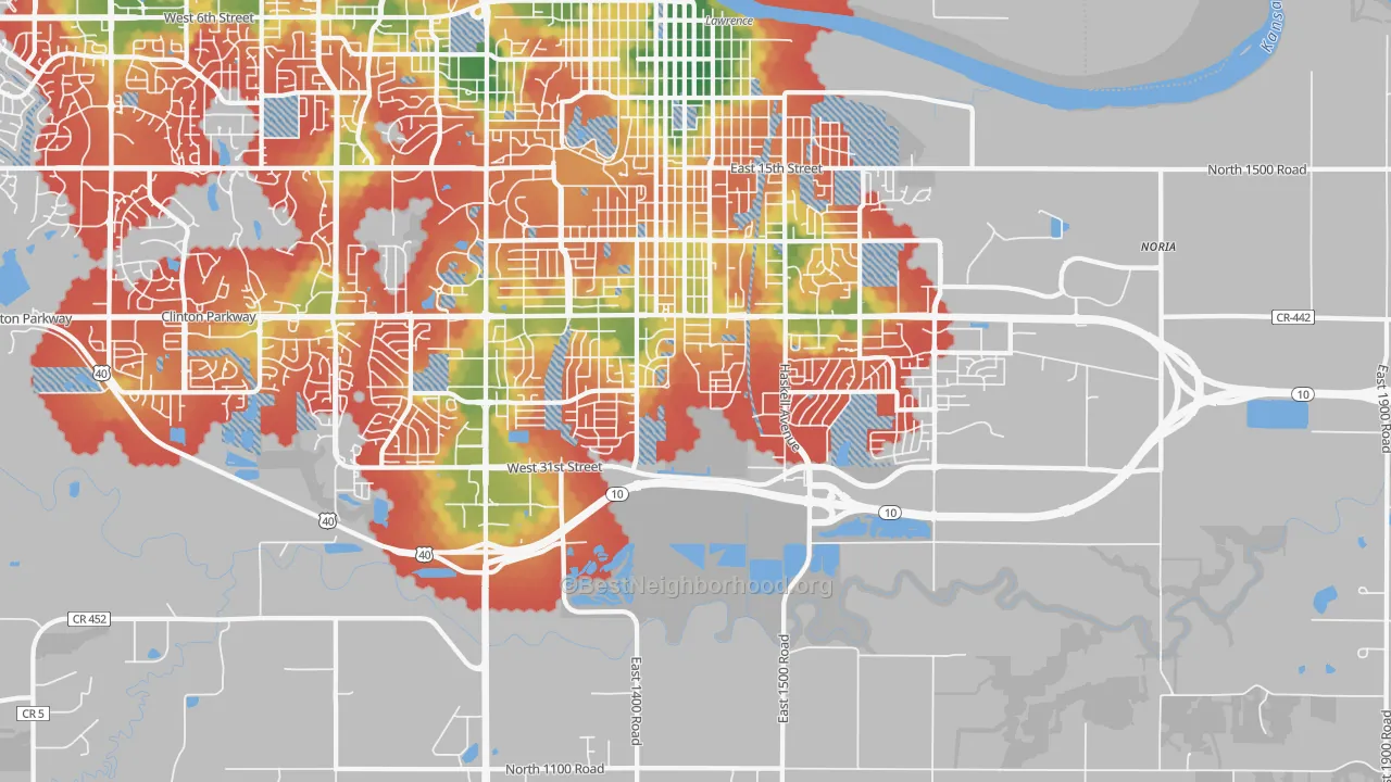Walk Grade map of 66046, KS, walkable areas in green and car-dependent areas in red