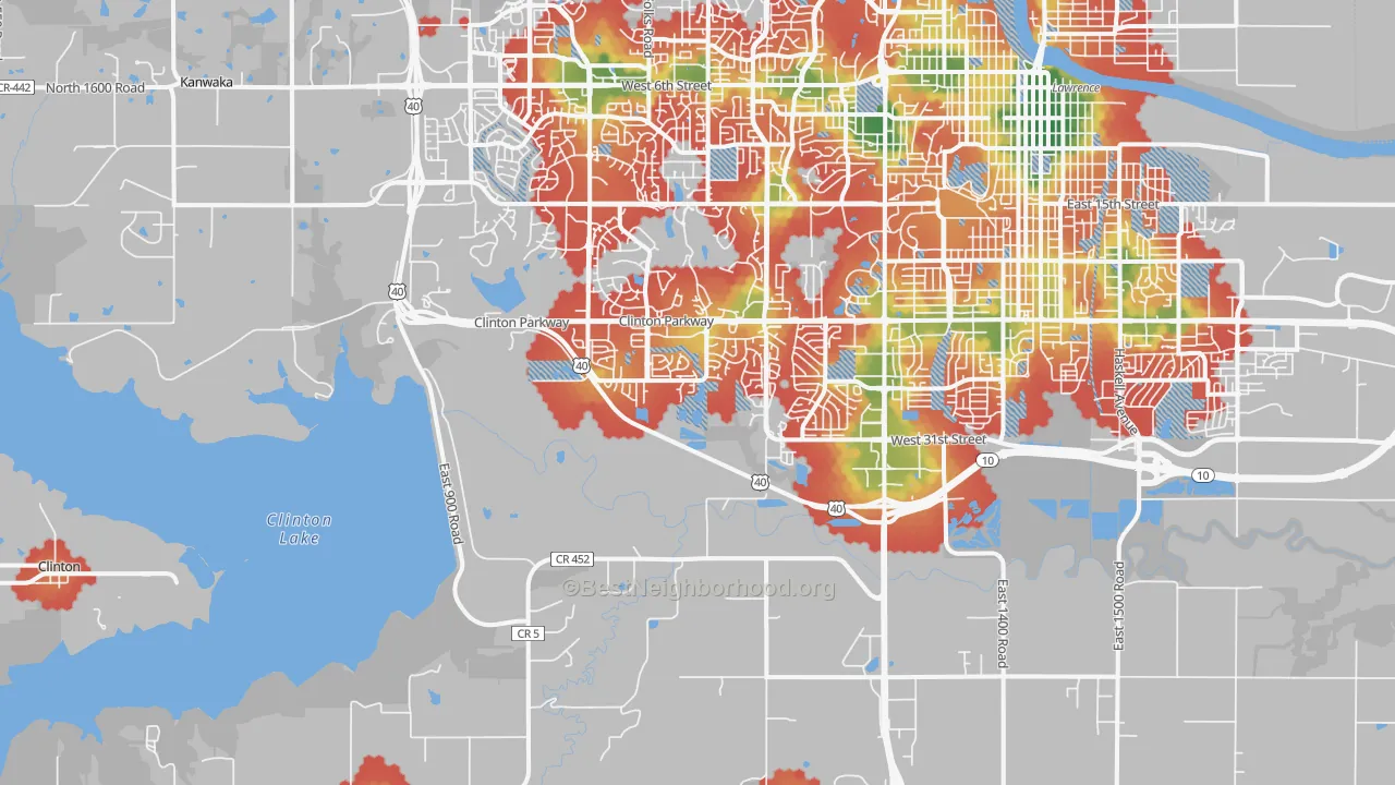 Walk Grade map of 66047, KS, walkable areas in green and car-dependent areas in red