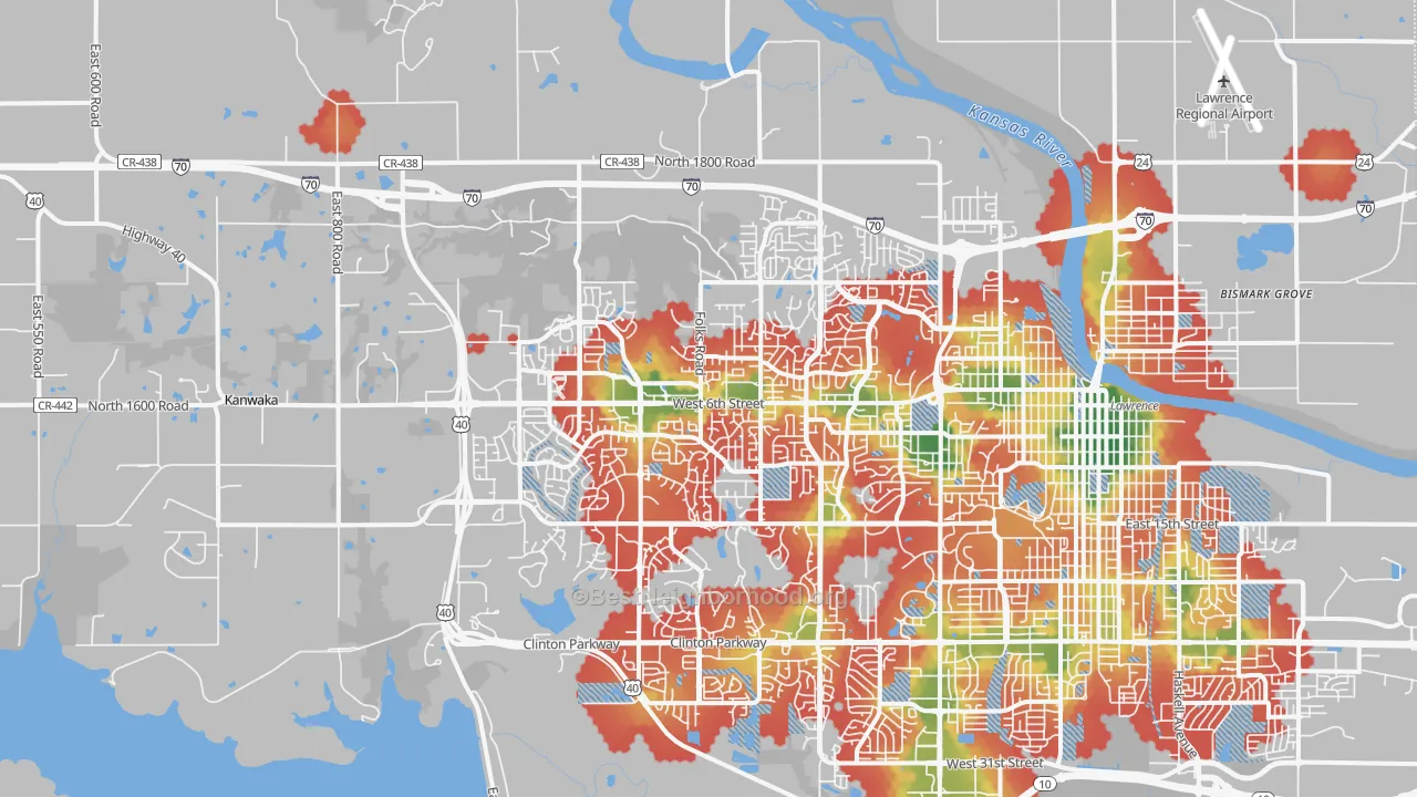 Walk Grade map of 66049, KS, walkable areas in green and car-dependent areas in red