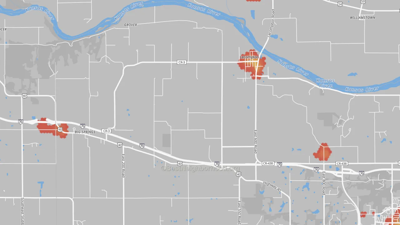 Walk Grade map of 66050, KS, walkable areas in green and car-dependent areas in red