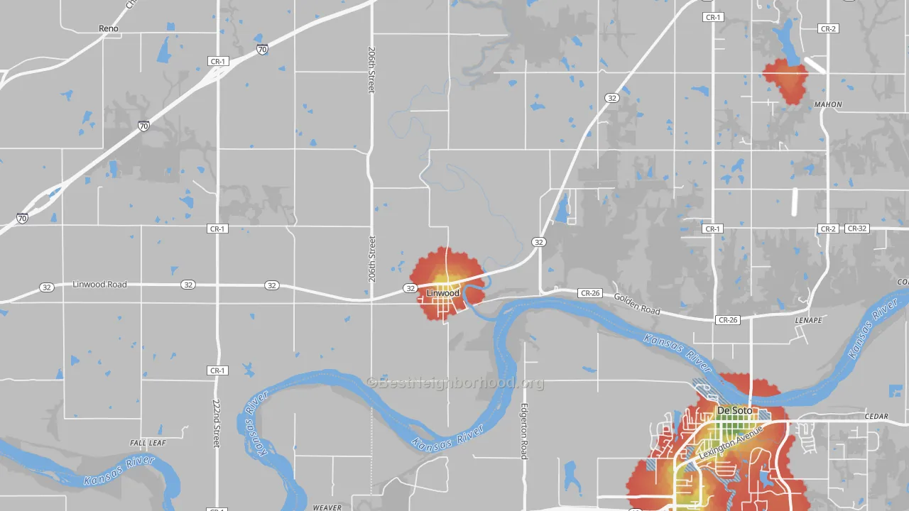 Walk Grade map of 66052, KS, walkable areas in green and car-dependent areas in red