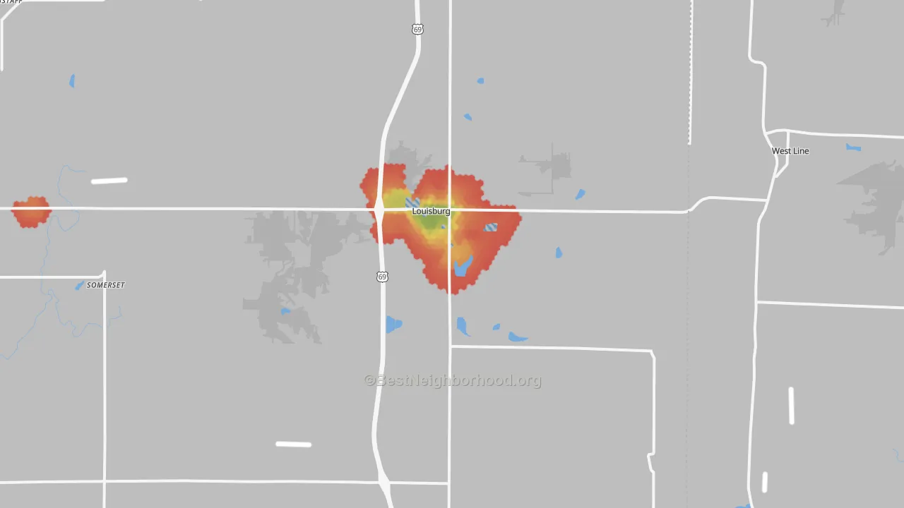Walk Grade map of 66053, KS, walkable areas in green and car-dependent areas in red